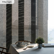 Dining table setting against a striped wall with a filter label on the top left corner.