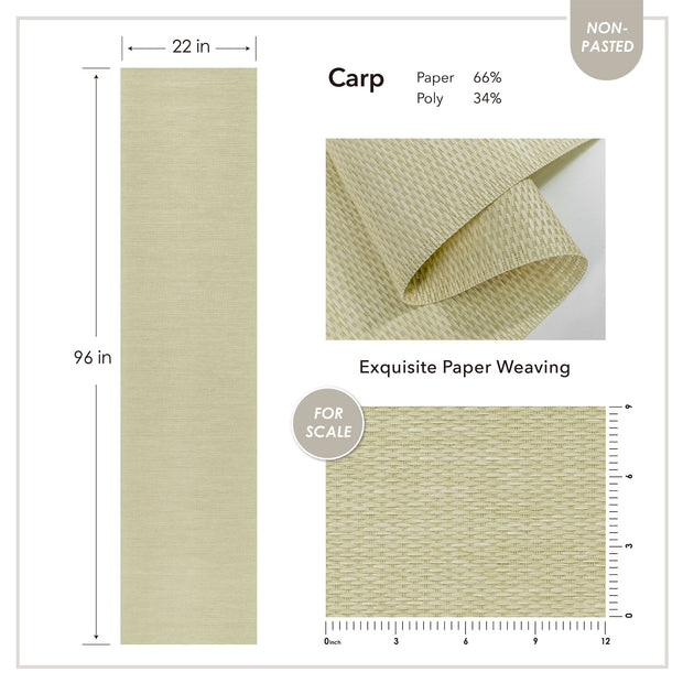 Product specification showing light beige woven panel, size 22 by 96 inches, close-up texture detail, and material composition.