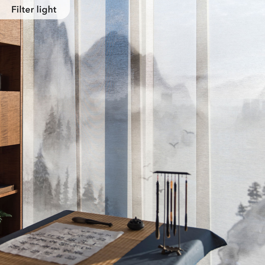 GoDear Room with a desk and wall featuring a mountain landscape painting