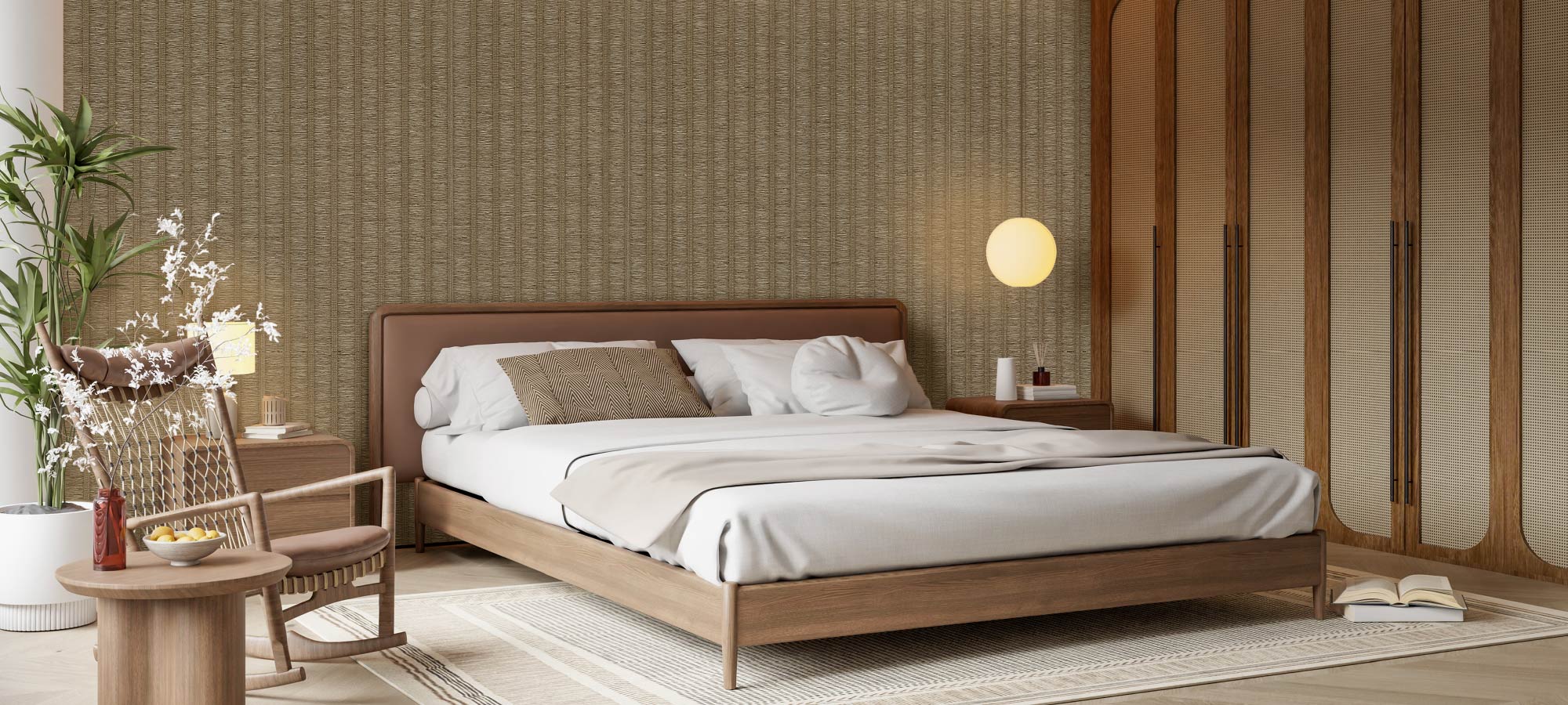 Modern bedroom with wooden bed frame, rattan wardrobe doors, cozy bedding, indoor plant, and textured accent wall in warm earthy tones.