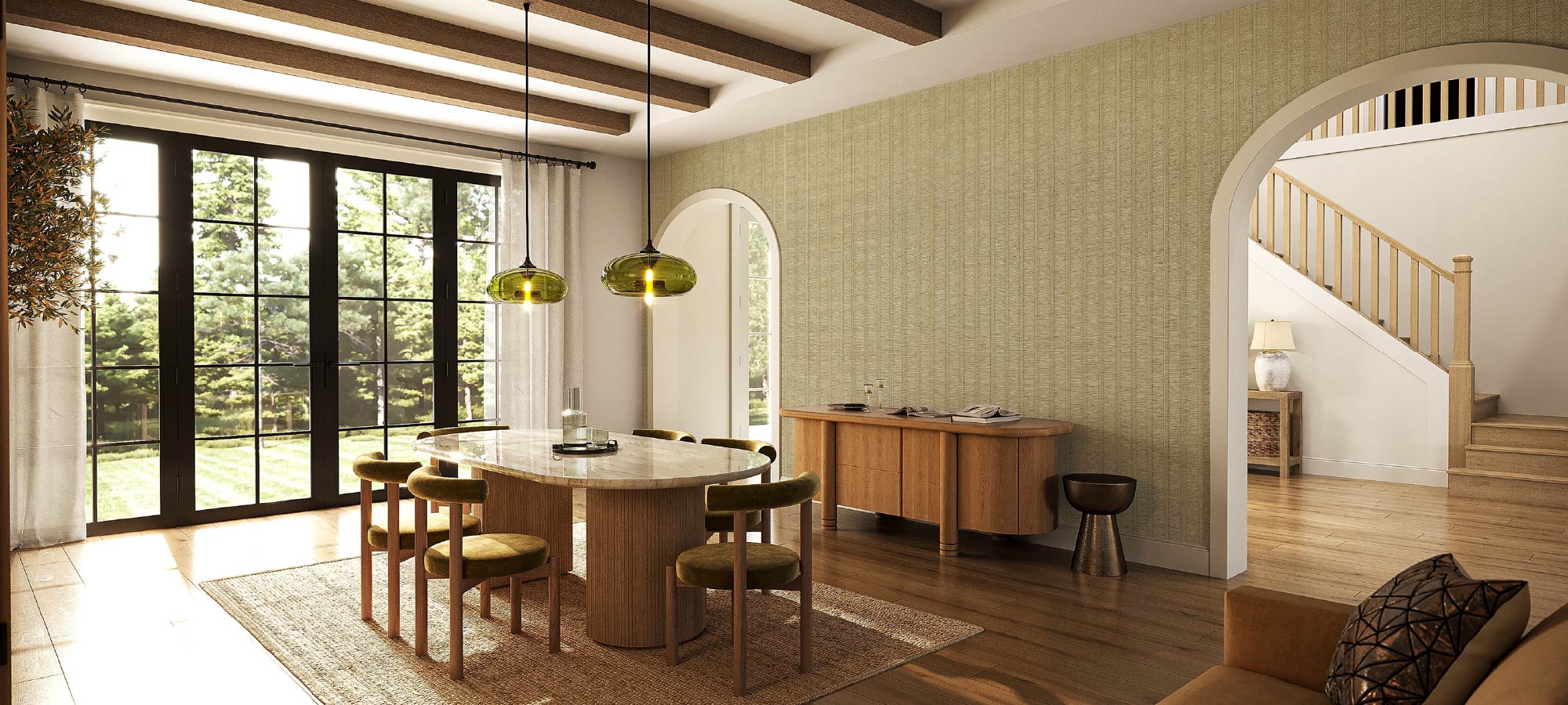 Elegant dining room with large windows, marble-top table, wooden chairs, pendant lights, sideboard, and textured wallpaper accent wall.