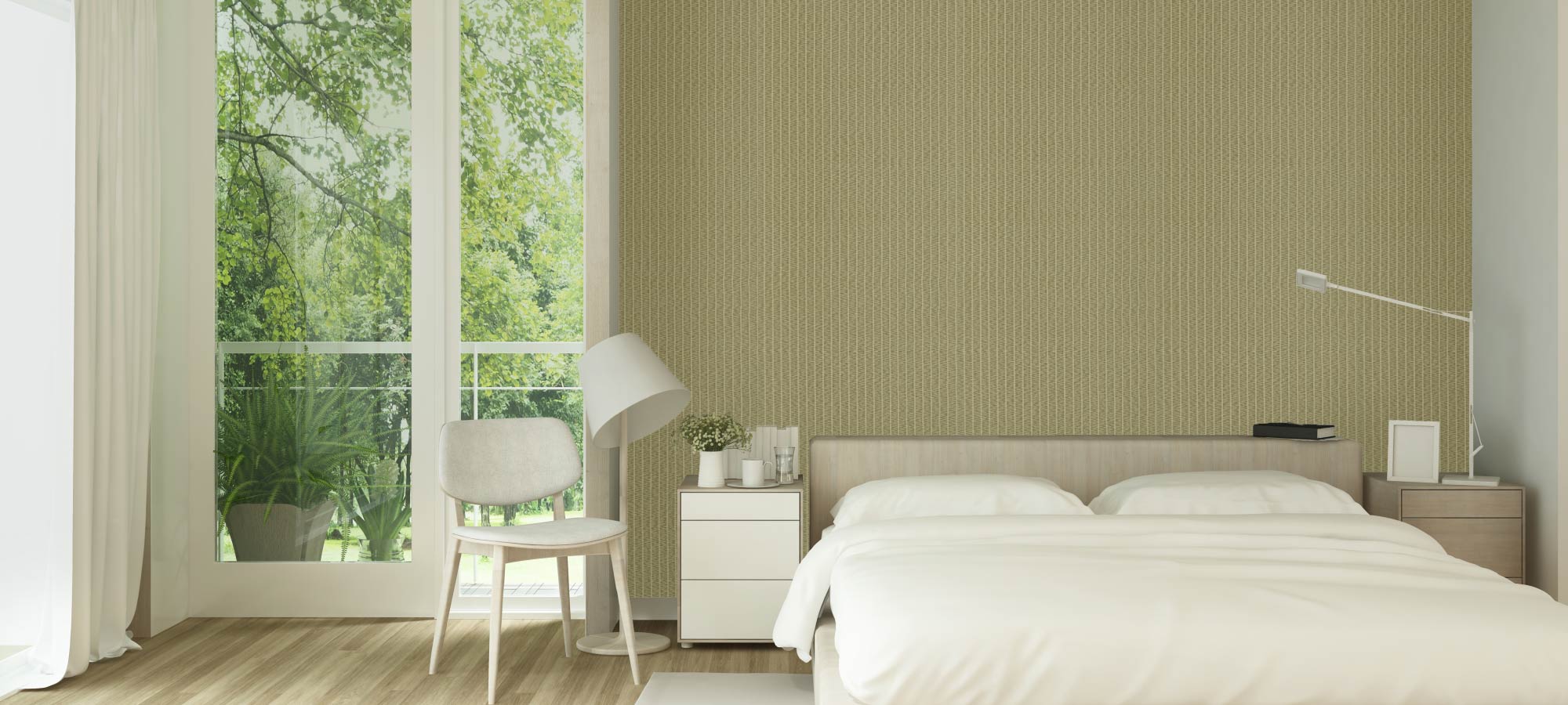 Cozy modern bedroom with large window view of greenery, minimalist white furniture, soft bedding, and a textured accent wall.