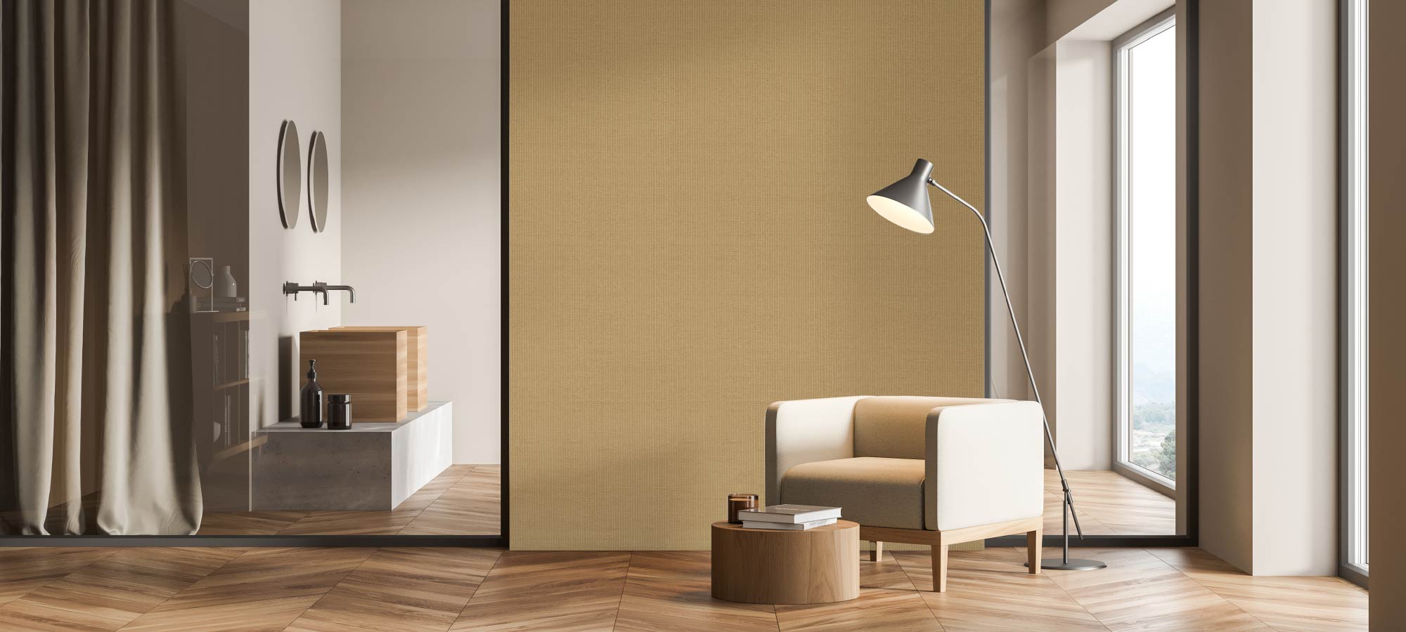 Contemporary interior with textured beige wall, cozy armchair, wooden round table with books, floor lamp, and natural sunlight from large windows.
