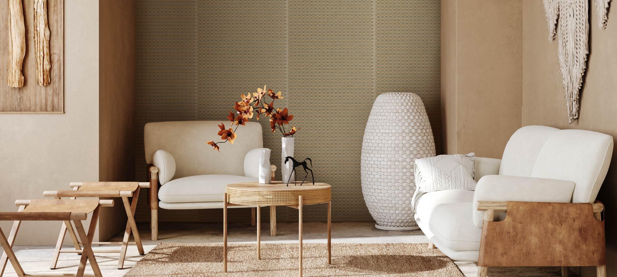 Modern living room with white sofa, armchair, and coffee table.