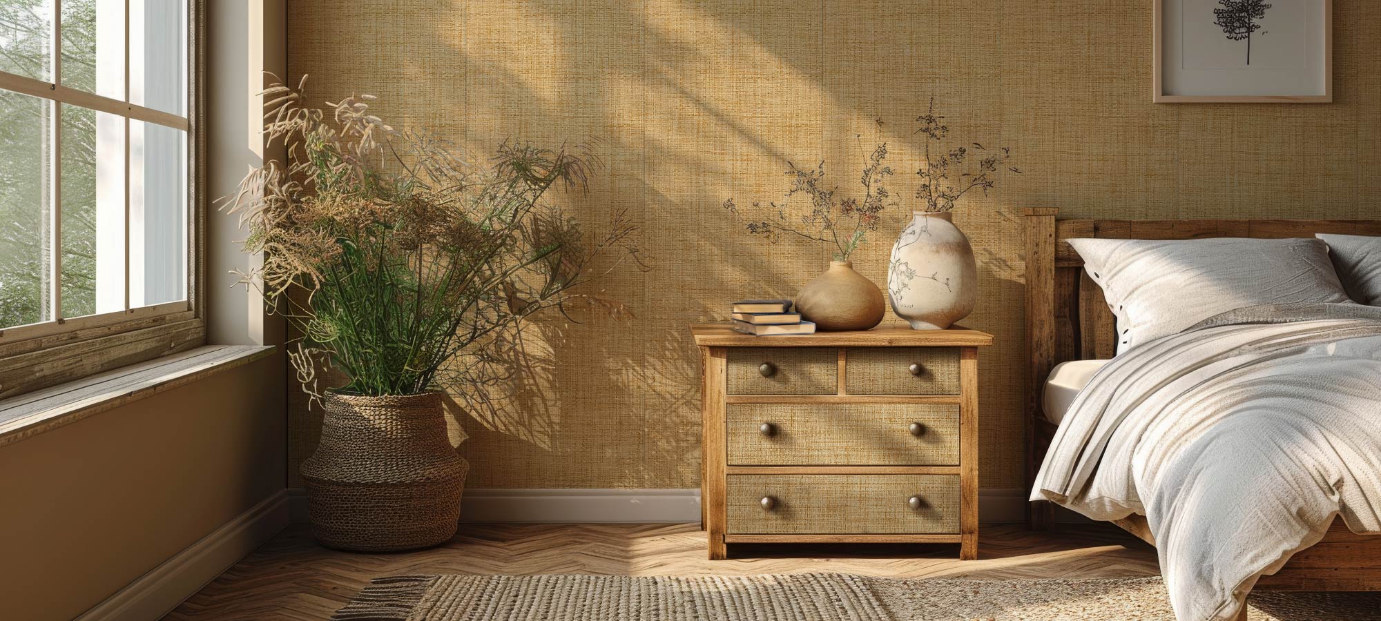 Sunlit rustic bedroom with woven textured wall, wooden bed frame, natural fiber rug, bedside table with ceramic vases, and cozy neutral bedding.