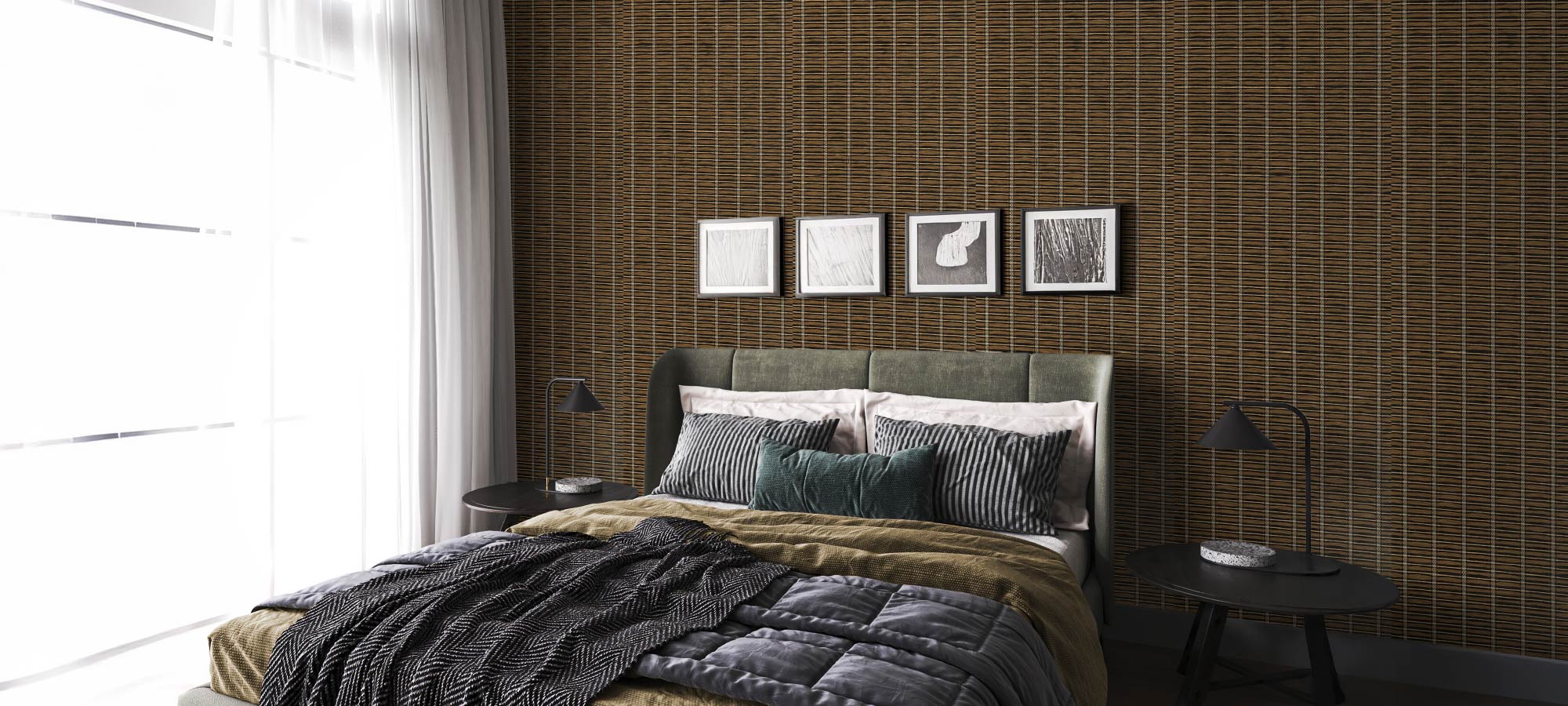 Contemporary bedroom with woven textured accent wall, green upholstered headboard, layered bedding, and minimalist nightstands.