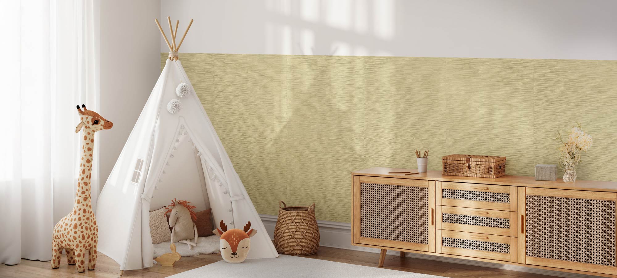 Children’s playroom with fabric play tent, plush toys, rattan basket, and light wooden cabinet against a textured accent wall for a cozy natural look.
