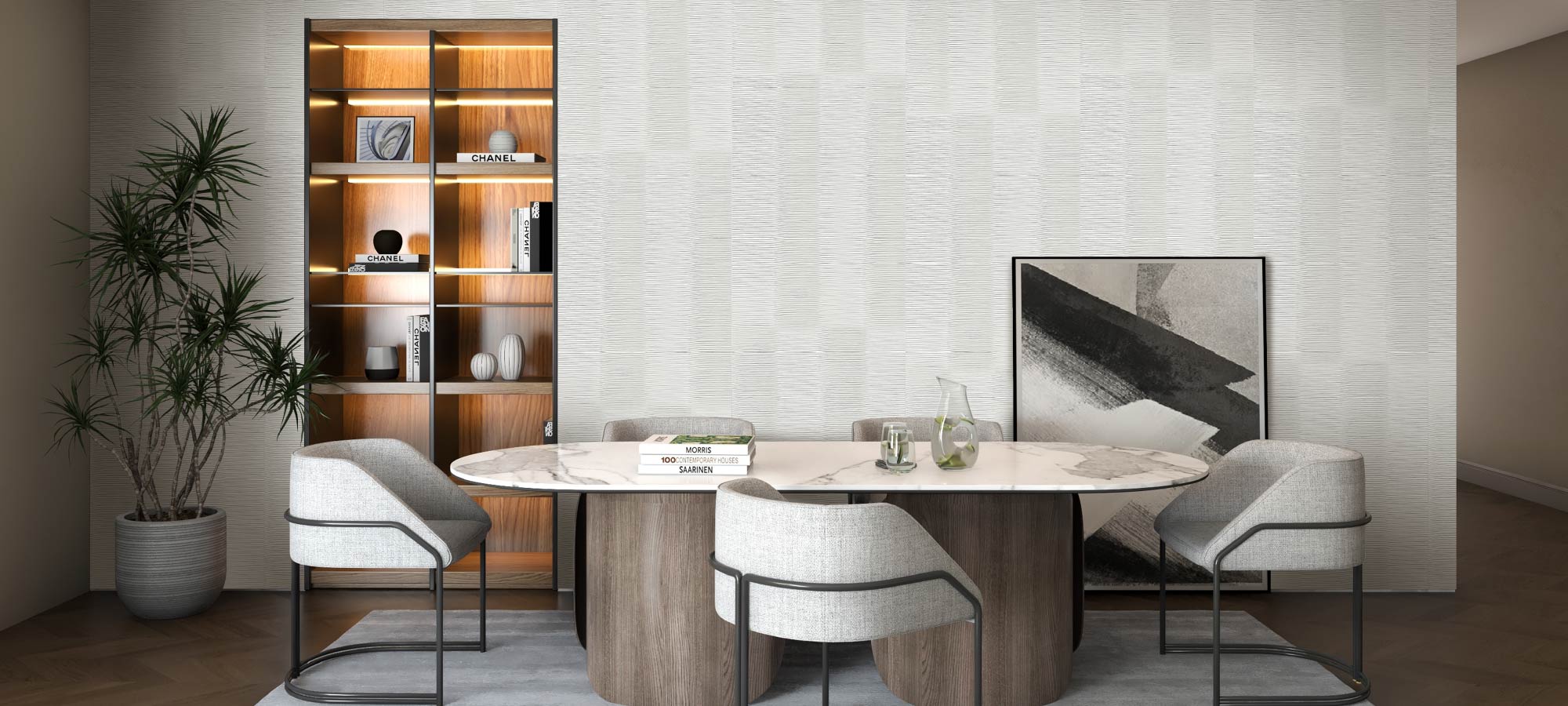 Elegant dining room with textured wall design, marble dining table, upholstered chairs, wooden bookshelf with lighting, and contemporary artwork.