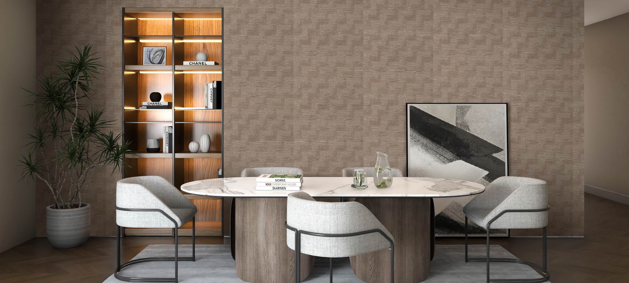 Contemporary dining room featuring brown textured accent wall, marble dining table with wooden base, gray upholstered chairs, modern bookshelf with warm lighting, and abstract black and white artwork.