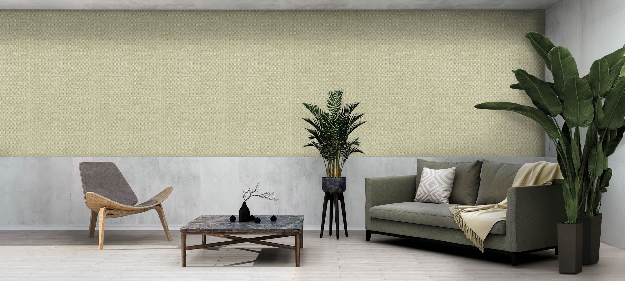 Modern living room with a gray sofa, wooden chair, coffee table, and potted plants.