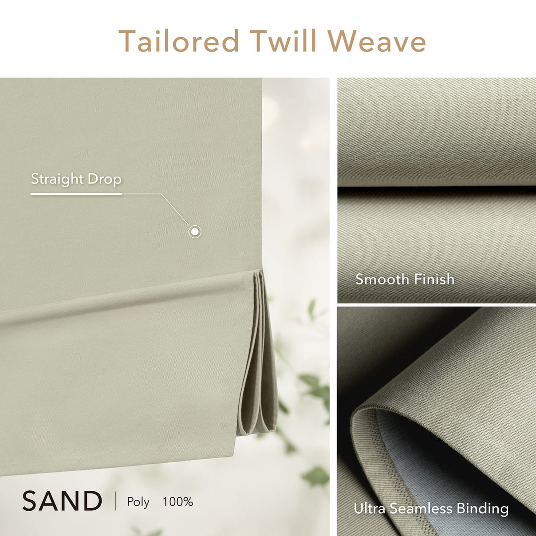GoDear Design Textured fabric with 'Tailored Twill Weave' description, showing 'Straight Drop', 'Smooth Finish', and 'Ultra Seamless Binding' details.