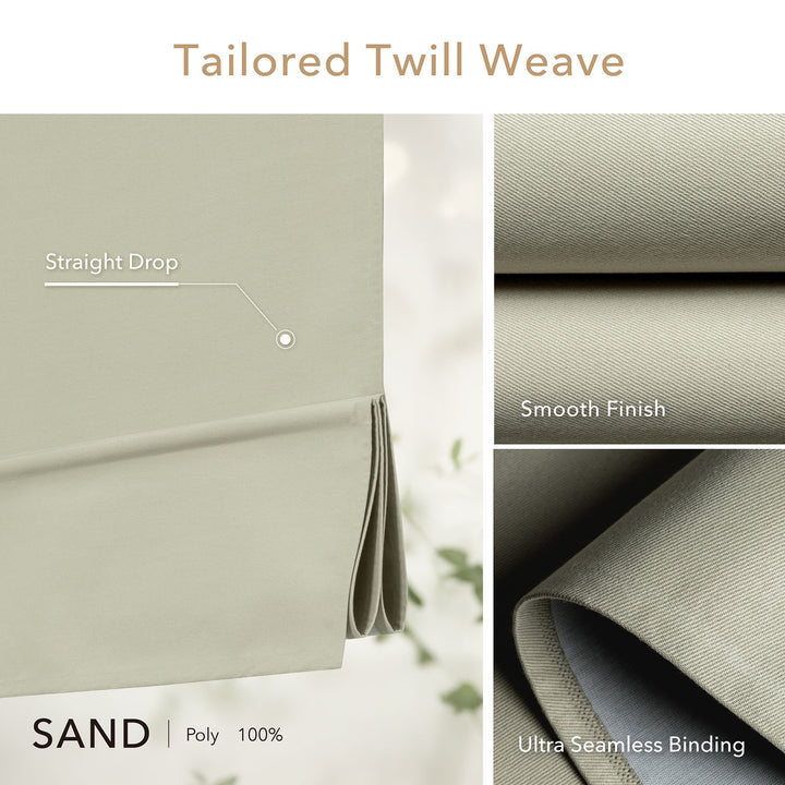 GoDear Design Textured fabric with 'Tailored Twill Weave' description, showing 'Straight Drop', 'Smooth Finish', and 'Ultra Seamless Binding' details.
