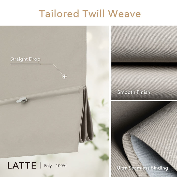 GoDear Design Tailored Twill Weave fabric with features like straight drop, smooth finish, and ultra-seamless binding on a latte background.