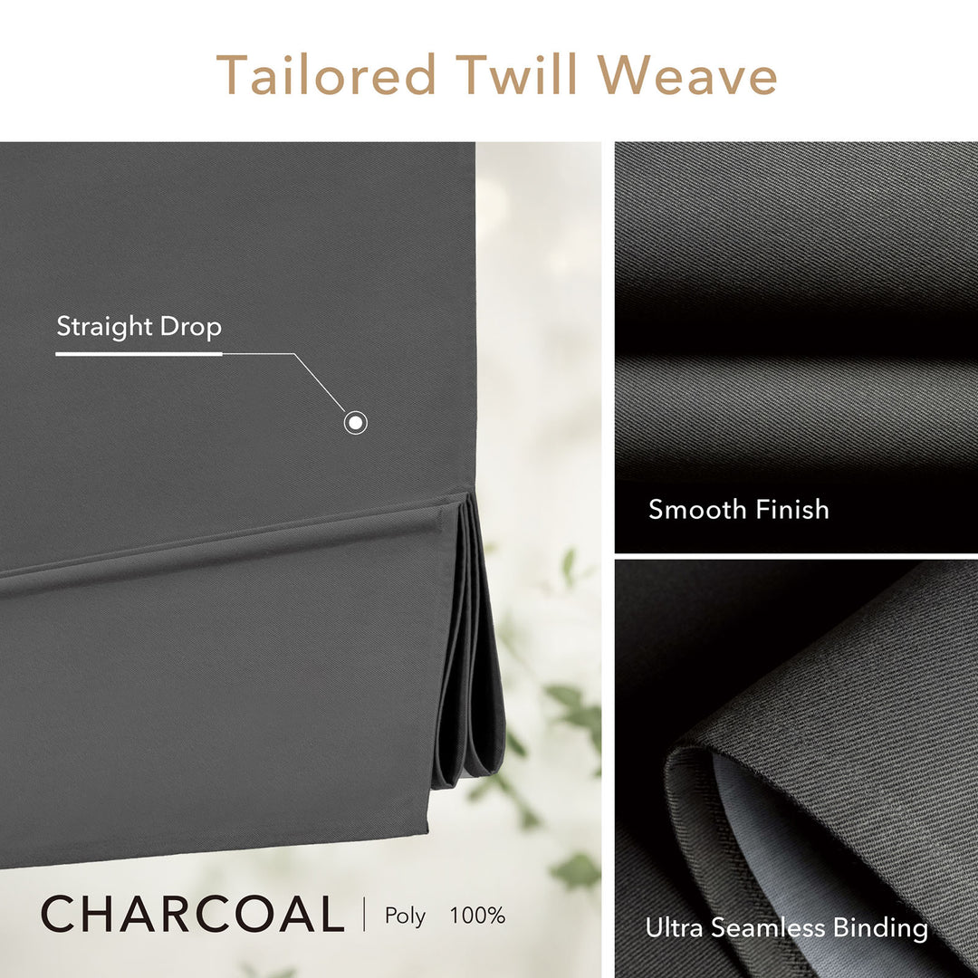 GoDear Design Textured fabric with 'Tailored Twill Weave' description, showing 'Straight Drop', 'Smooth Finish', and 'Ultra Seamless Binding' on a charcoal gray background.