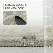 Gray rug with serged edges and refined look, showing pile height measurement.