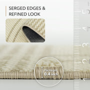 Beige rug with serged edges and refined look, showing pile height measurement.
