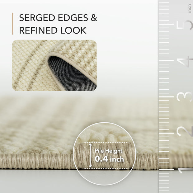 Beige rug with serged edges and refined look, showing pile height measurement.