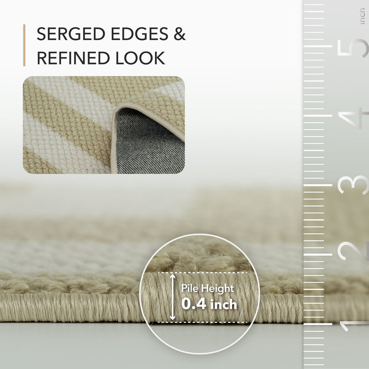 Textured fabric with serged edges and a ruler indicating pile height, on a light gray background.
