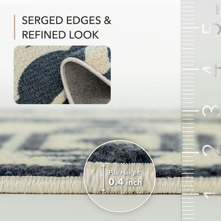 Rug with serged edges and refined look, showing pile height measurement.
