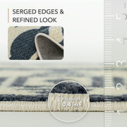 Rug with serged edges and refined look, showing pile height measurement.