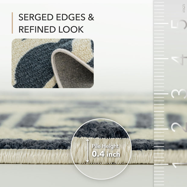 Rug with serged edges and refined look, showing pile height measurement.
