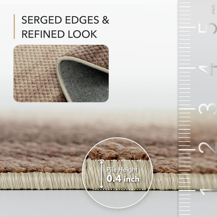 Close-up of a carpet with serged edges and refined look, showing pile height measurement.