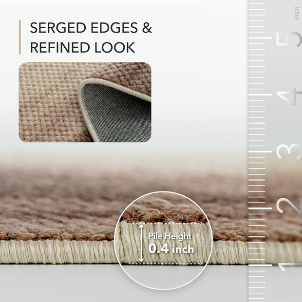 Close-up of a carpet with serged edges and refined look, showing pile height measurement.