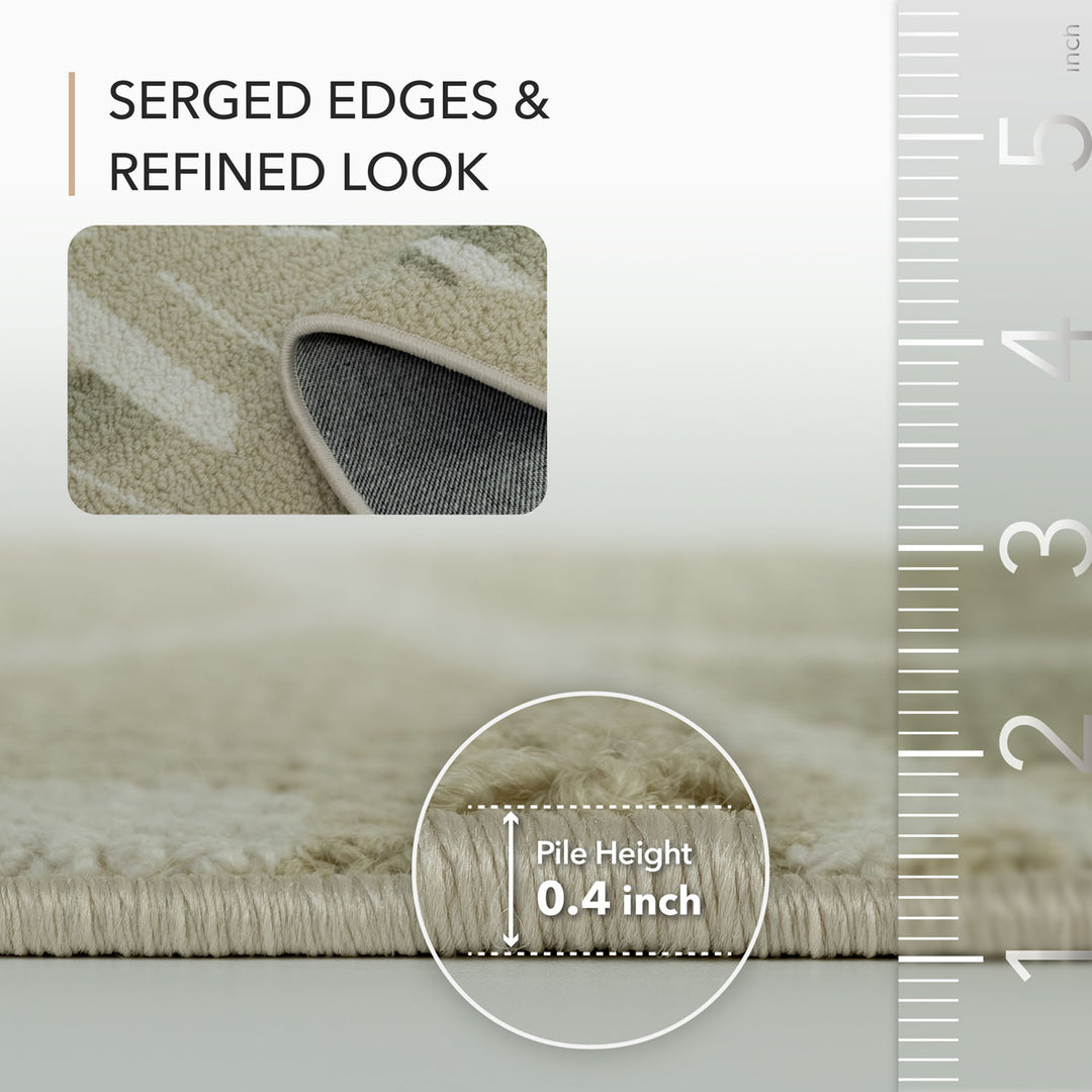 Close-up of a rug with text highlighting 'Serged Edges & Refined Look' and a ruler showing pile height.