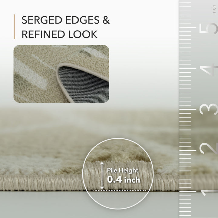Close-up of a rug with text highlighting 'Serged Edges & Refined Look' and a ruler showing pile height.