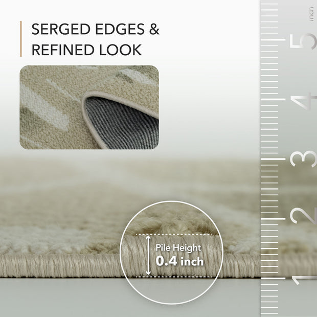 Close-up of a rug with text highlighting 'Serged Edges & Refined Look' and a ruler showing pile height.
