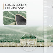 Green rug with serged edges and refined look, showing pile height measurement.