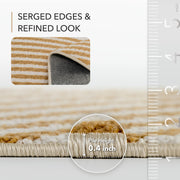 Close-up of a rug with striped pattern and measurement details on a white background