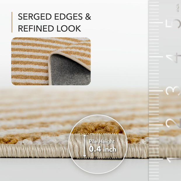 Close-up of a rug with striped pattern and measurement details on a white background