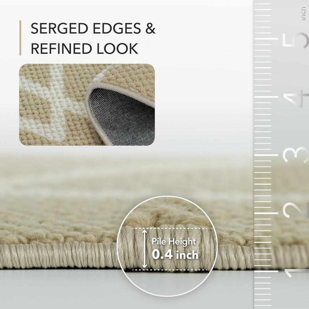 Beige rug with a close-up of serged edges, pile height measurement, and ruler for scale.