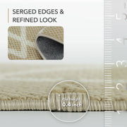 Beige rug with a close-up of serged edges, pile height measurement, and ruler for scale.