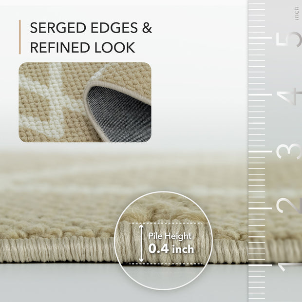 Beige rug with a close-up of serged edges, pile height measurement, and ruler for scale.