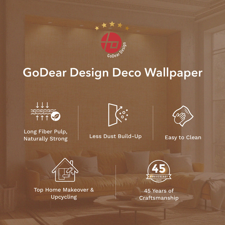 Advertisement for GoDear Design Deco Wallpaper with a living room setting.