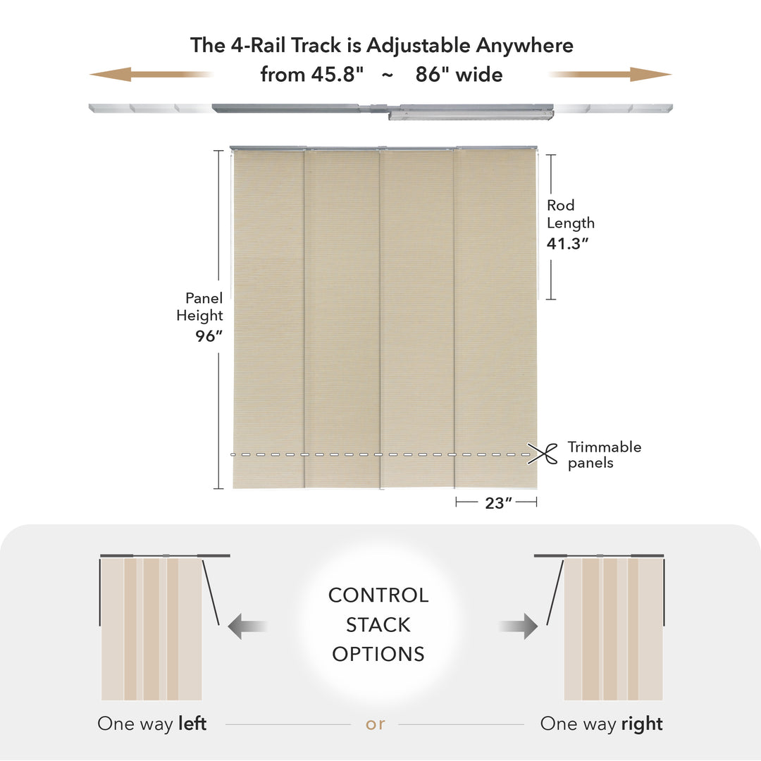 GoDear Design Measurement chart for a 4-rail track system with curtain panels and control stack options.