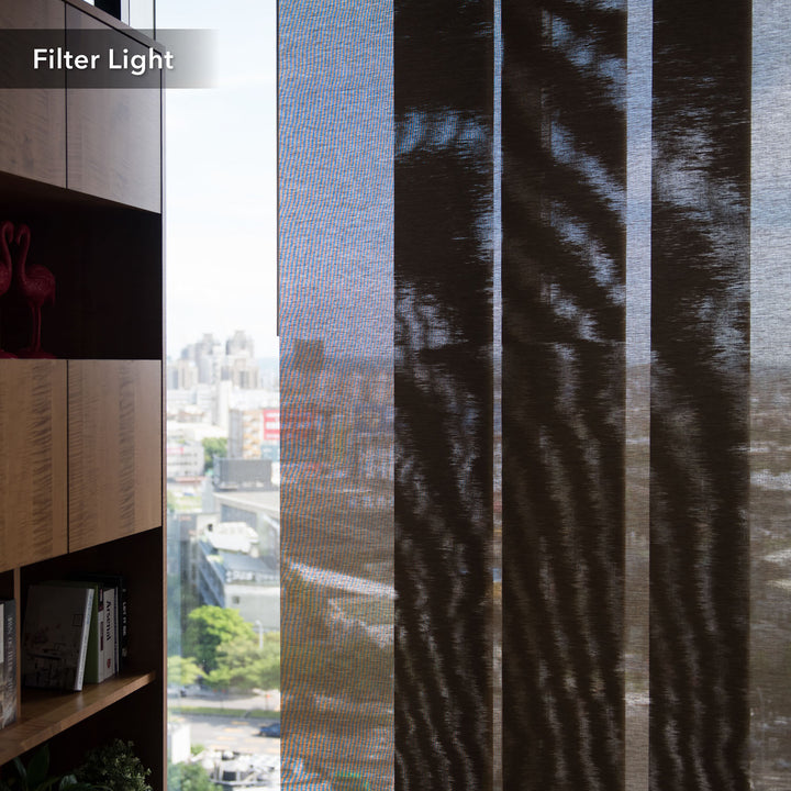 GoDear Design_Window with curtains partially drawn, revealing a cityscape view.