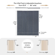 Measurement chart of a curtain track system with dimensions and control stack options.