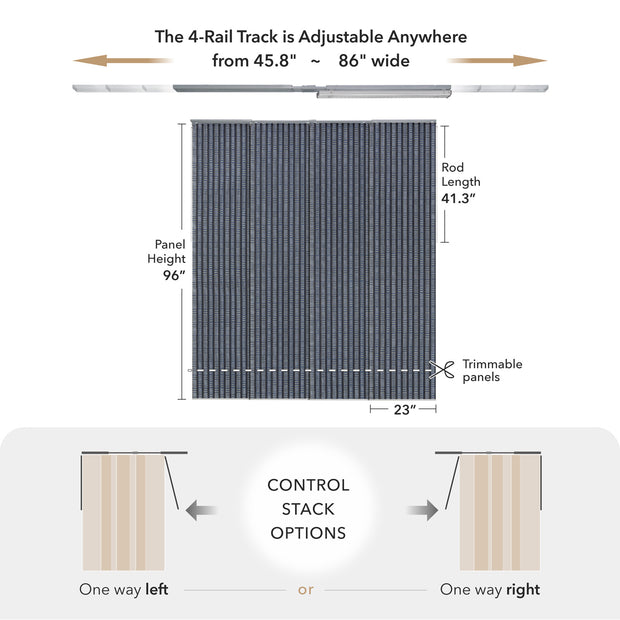 Measurement chart of a curtain track system with dimensions and control stack options.