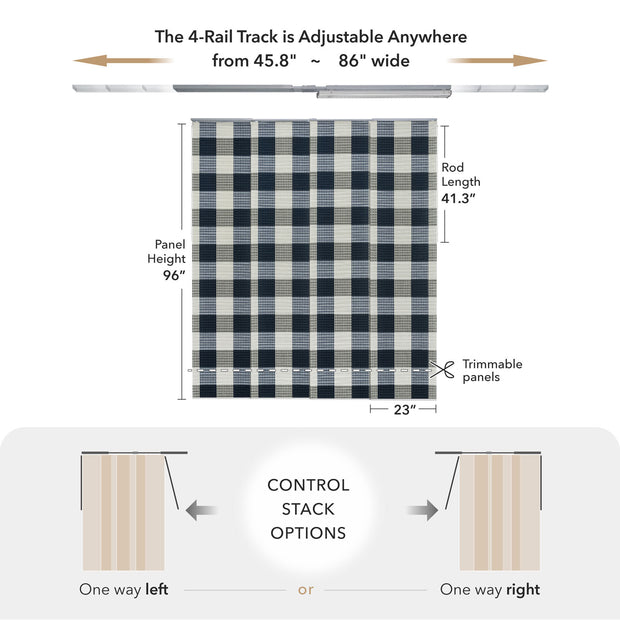 GoDear Design Measurement chart for a window treatment with a checkered pattern, showing dimensions and control stack options.