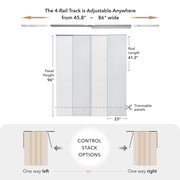 Measurement chart for a roller shade with adjustable rail track and customizable stack options.