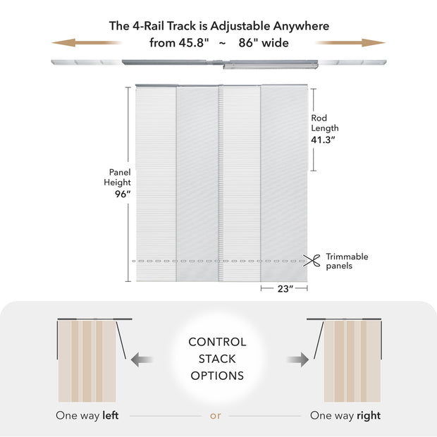 Measurement chart for a roller shade with adjustable rail track and customizable stack options.