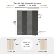 GoDear Design Measurement chart for a 4-rail track system with adjustable width and height specifications.