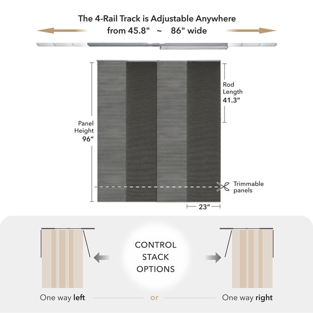 GoDear Design Measurement chart for a 4-rail track system with adjustable width and height specifications.