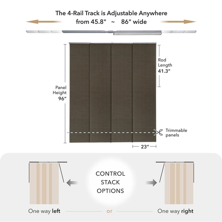 GoDear Measurement chart for a curtain track system with dimensions and control stack options.