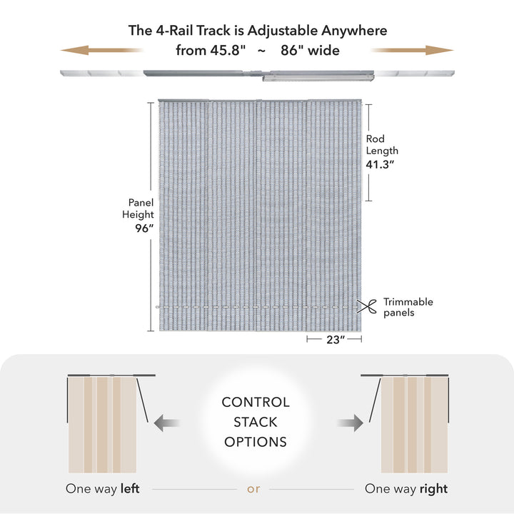 GoDear Measurement chart for a curtain track system with dimensions and control stack options.