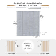 GoDear Measurement chart for a curtain track system with dimensions and control stack options.