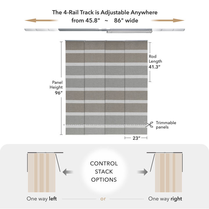 GoDear Design Measurement chart for a curtain track system with dimensions and control stack options.